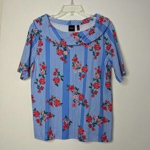 L Rafaella Blue Red Rose Top Tee Shirt Blouse J